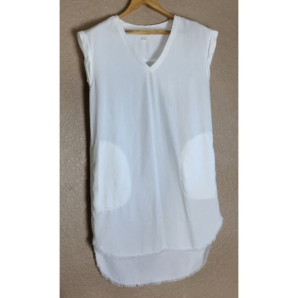 Cloth & Stone White Tunic Dress Cap Sleeves Pockets Frayed Hem Womens Small